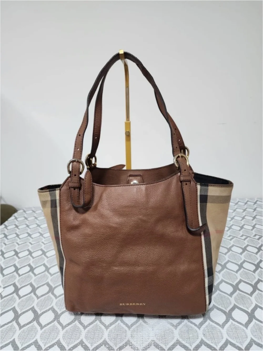 Authentic BURBERRY Leather And House Check Canvas Small Canterbury Tote Bag Brow